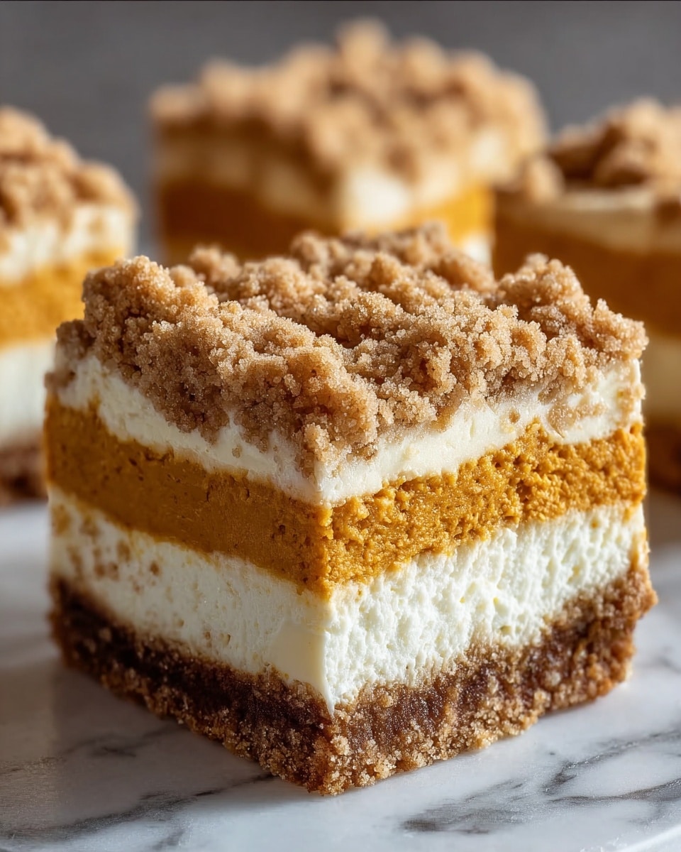 A square slice of dessert shows four clear layers: the bottom layer is a dark brown crumbly crust with a rough texture; above it is a thick, creamy white layer with a smooth and slightly airy texture; the next layer is a thick pumpkin orange layer with a slightly porous, soft texture; the top layer is a coarse crumb topping in light brown with sugary crystals visible, giving a grainy, rough texture. The dessert is placed on a white marbled surface, with the background softly blurred. photo taken with an iphone --ar 4:5 --v 7