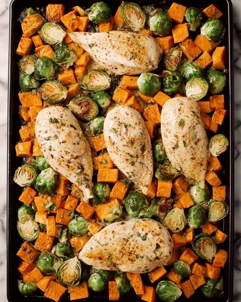 A black tray filled with four large, white-tan cooked chicken breasts evenly spaced in the center. Surrounding and mixed between the chicken are many bright orange sweet potato cubes and halved green Brussels sprouts showing their pale green inner layers. The veggies have a slightly glossy, cooked texture. The tray sits on a white marbled surface photo taken with an iphone --ar 4:5 --v 7