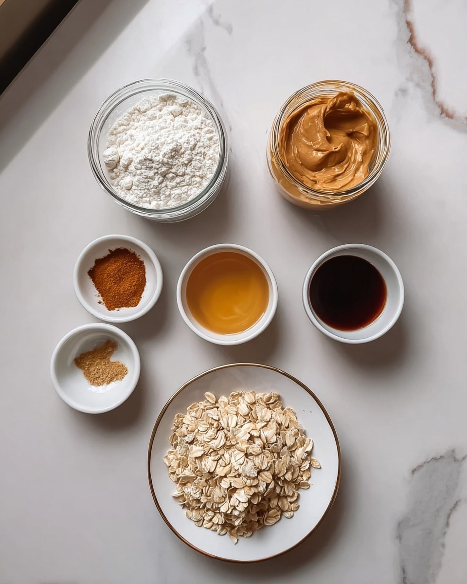 A white marbled surface holds six containers with ingredients arranged neatly: a clear glass jar filled with white powdery flour is on the top left, and to its right is another glass jar with smooth, light brown peanut butter. Below them, three small white bowls contain different ingredients – the left one has a small pile of brown cinnamon powder, the middle holds light golden liquid, and the right one has dark brown liquid. On the far right, a larger white plate is filled with light brown rolled oats, showing a rough, dry texture. The setup is all seen from above, with soft natural light coming from the right side. photo taken with an iphone --ar 4:5 --v 7
