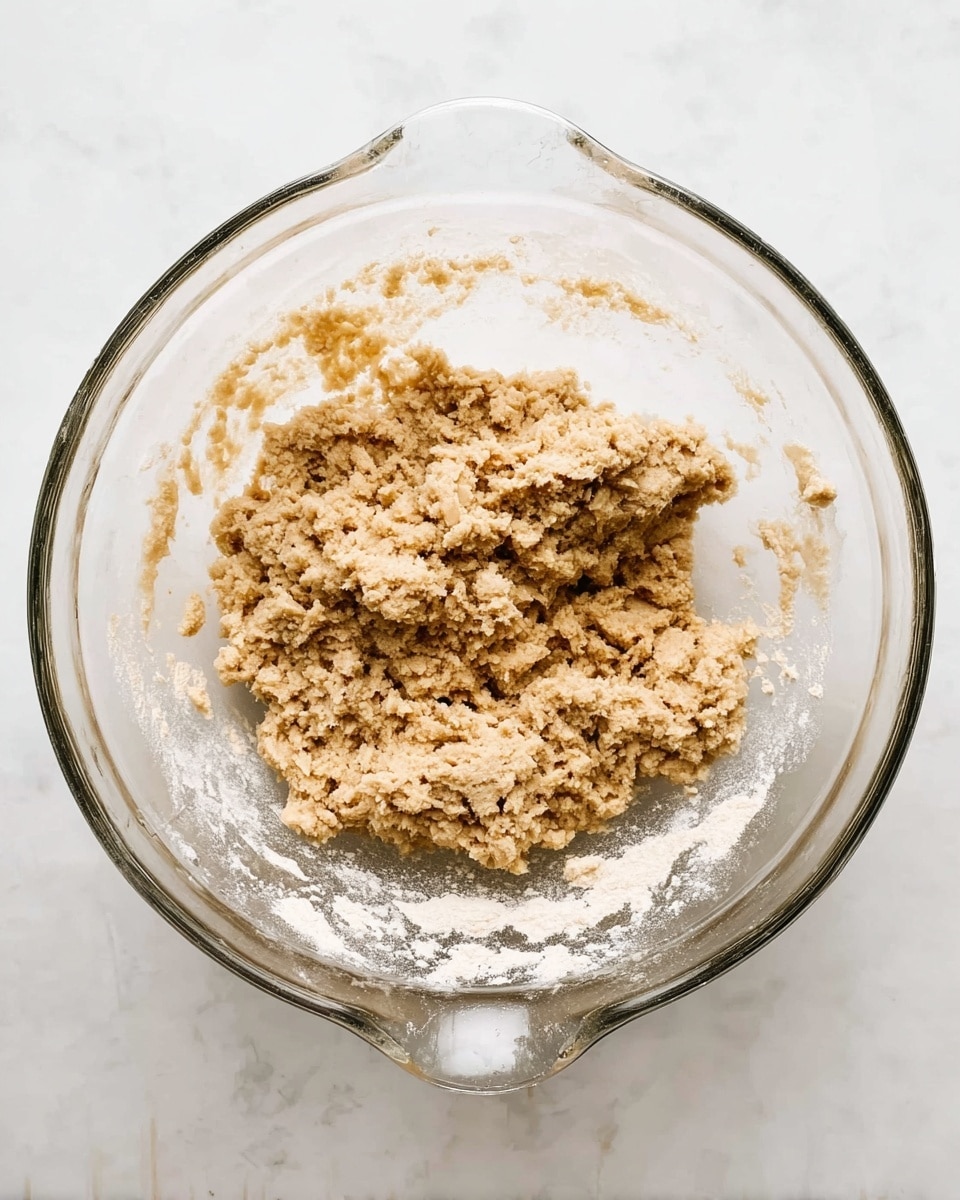 A clear glass bowl holds a rough, crumbly dough mixture that is light brown in color, sitting in the center. The dough has a textured, slightly sticky look with uneven clumps. The inside of the bowl shows smears and patches of flour in white, contrasting with the dough. The bowl is placed on a white marbled surface. The image is taken from above, showing the full round shape of the bowl and its handles. photo taken with an iphone --ar 4:5 --v 7