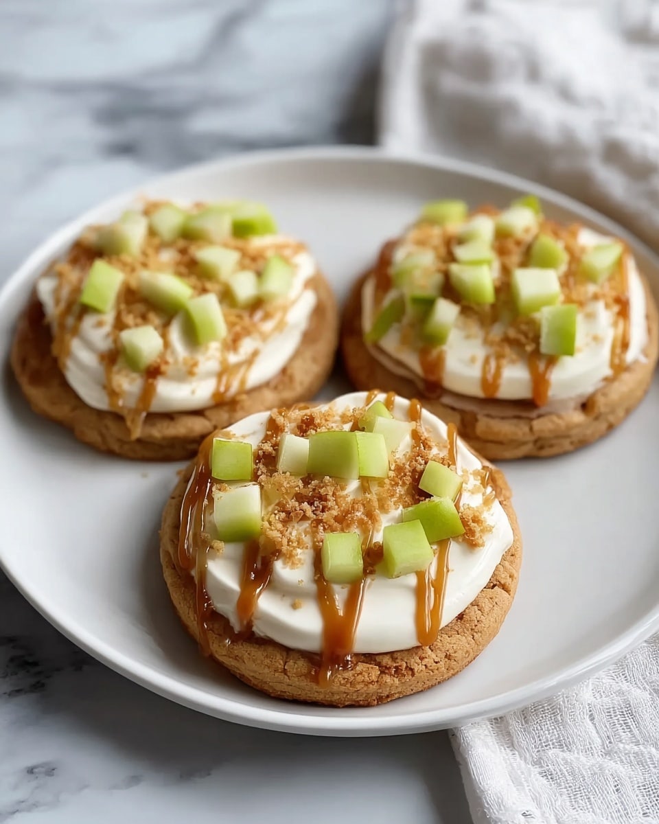 Three round cookies form the base layer, each with a golden-brown color and slightly rough texture. On top of each cookie is a thick, smooth layer of white cream, evenly spread in a circle. The cream is sprinkled with small pieces of green apple, cut into cubes, and light brown crumbly bits scattered over. A caramel-colored sauce is drizzled in thin stripes across the top of each cookie. The cookies are placed on a white plate, set on a white marbled surface with a white cloth nearby. Photo taken with an iphone --ar 4:5 --v 7