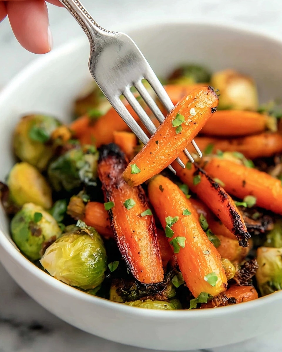 A white bowl filled with roasted baby carrots and Brussels sprouts. The carrots are orange with some parts browned and slightly charred, giving a crispy texture, garnished with small green herb pieces. The Brussels sprouts are green, some showing a roasted, golden-brown color on their edges. A close-up view shows a woman's hand holding a silver fork picking up two roasted carrot pieces, with a white marbled surface in the background. Photo taken with an iphone --ar 4:5 --v 7