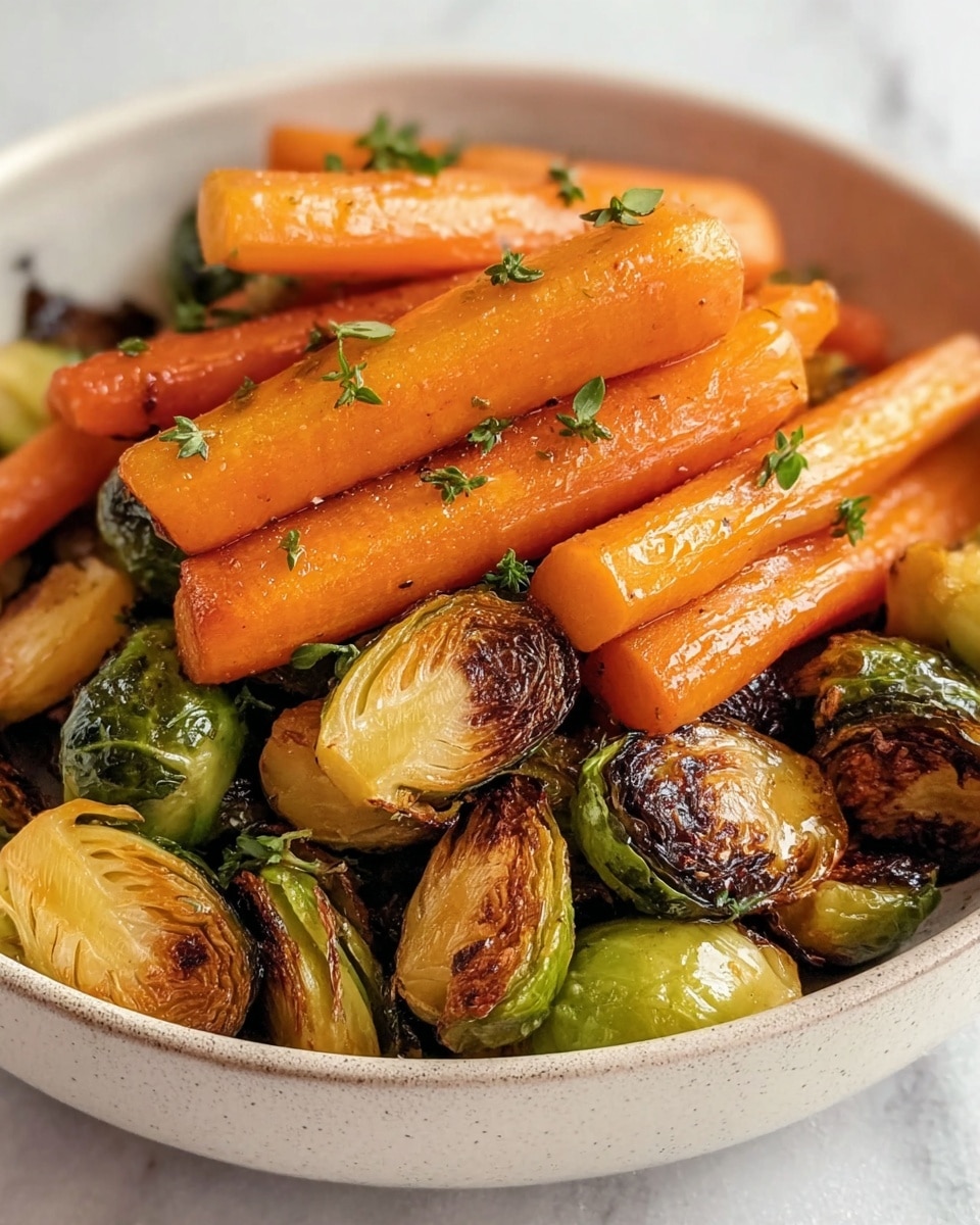 The image shows a close-up of roasted vegetables in a white bowl on a white marbled surface. The dish has two main layers: the bottom layer is a mix of shiny, browned Brussels sprouts with a green and crispy texture, some showing light charring on their cut sides. The top layer is made up of bright orange carrot sticks with a slightly glossy surface and browned edges. Small green herb pieces are sprinkled over the vegetables, adding a fresh touch. Photo taken with an iphone --ar 4:5 --v 7