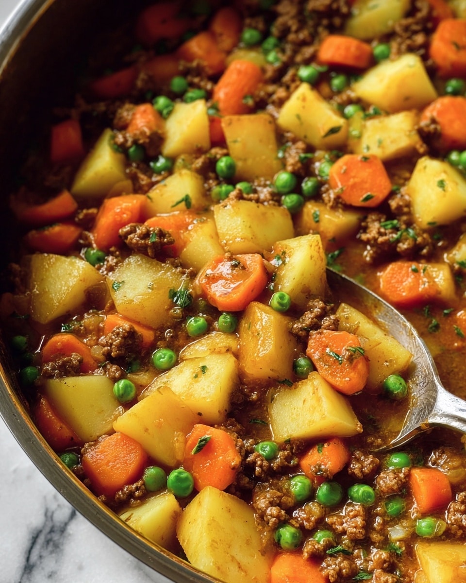 A close-up view of a stew with several layers of ingredients mixed together. The base layer shows soft yellow potato cubes, bright orange carrot slices, and green peas scattered evenly throughout. There are small brown pieces of cooked ground meat mixed in, coated lightly with a golden brown sauce that adds a shiny texture. Some small green herb pieces are sprinkled on top, adding a fresh accent. A silver spoon rests on the right side of the image, partially submerged in the stew, lifting some of the mix. The background surface is a white marbled texture. photo taken with an iphone --ar 4:5 --v 7