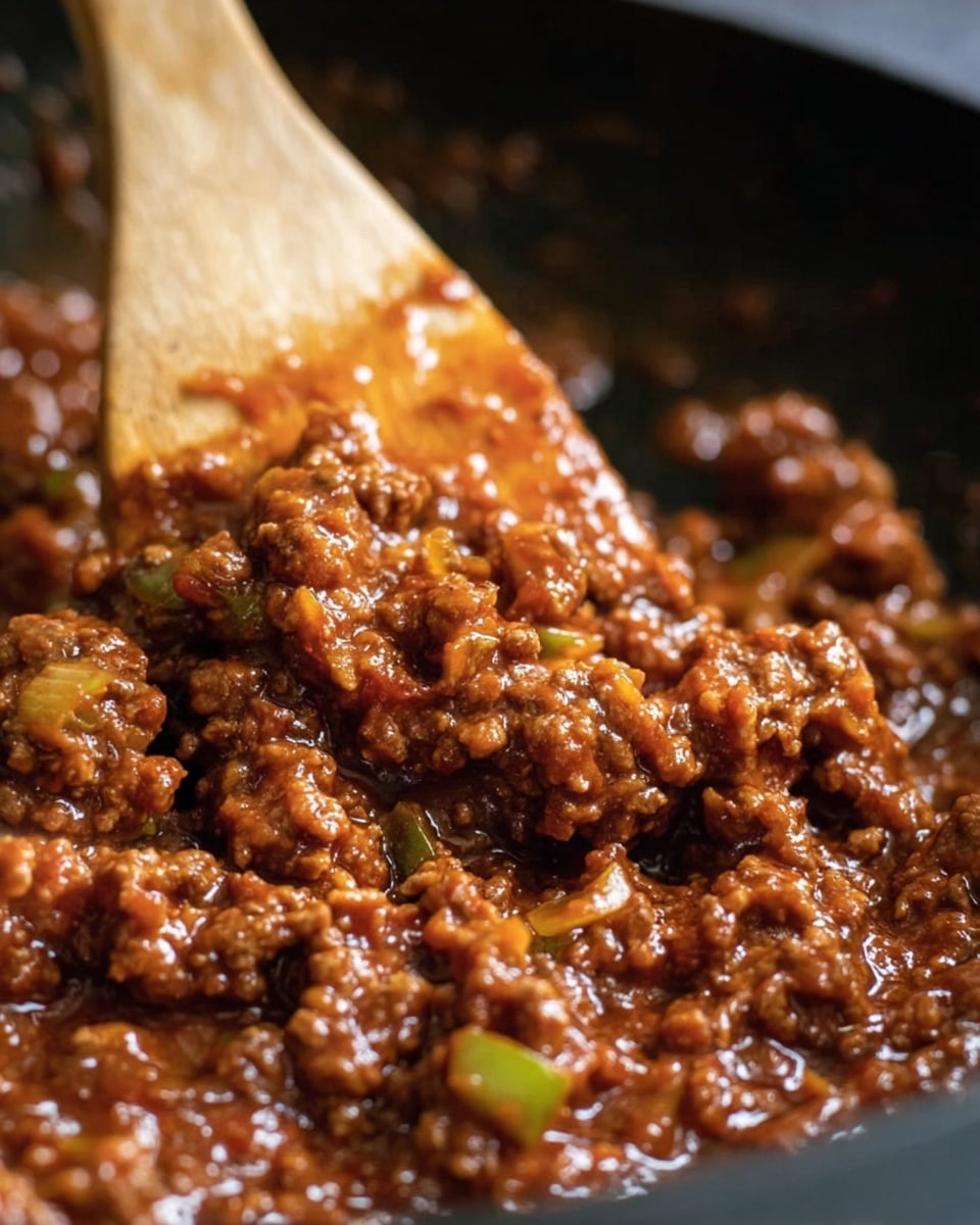 The image shows a close-up of a wooden spatula stirring a thick mixture of cooked ground meat with sauce in a black pan. The meat is dark brown with a glossy, rich texture, mixed with small pieces of light green vegetables and translucent bits of onion. The sauce has a deep reddish-brown color that coats the meat evenly, giving it a shiny, moist look. The background is slightly blurred to keep the focus on the meat mixture and the spatula. photo taken with an iphone --ar 4:5 --v 7