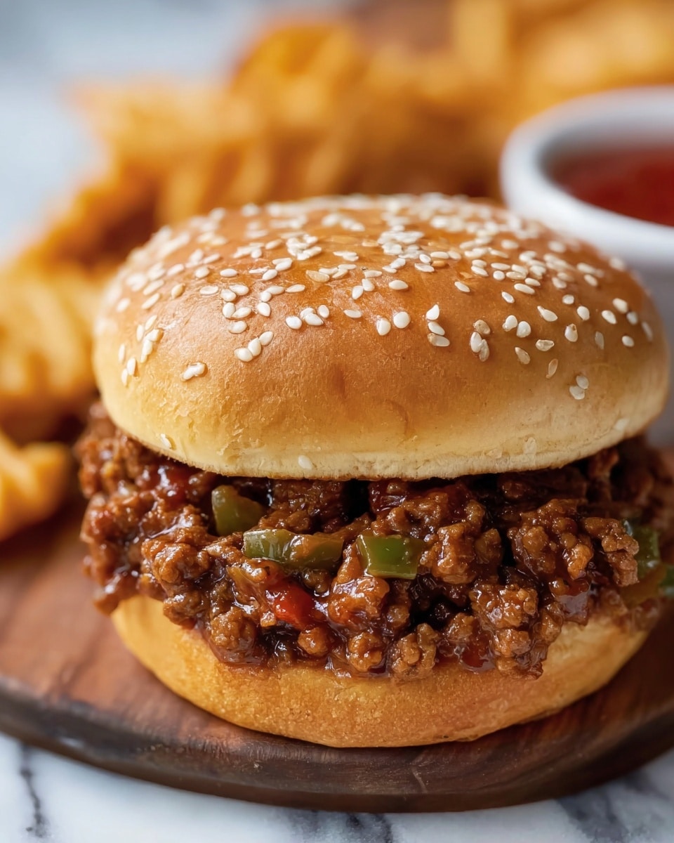 The image shows a close-up of a burger with a sesame seed top bun that is golden brown and shiny, sprinkled evenly with white sesame seeds. Below the bun, there is one thick layer of cooked ground meat mixed with small pieces of green and red peppers in a rich brown sauce, giving the meat a glossy and juicy look. The bottom bun is softer and slightly lighter brown than the top bun. The burger sits on a wooden board with waffle fries blurred in the background and a small white dish of red sauce, all against a white marbled surface. photo taken with an iphone --ar 4:5 --v 7