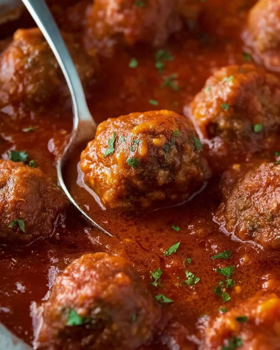 The image shows several round, brown meatballs covered in thick, rich red tomato sauce with a smooth texture and small pieces visible. The sauce is garnished with small green herb bits scattered on top. A spoon with a shiny silver surface is partially submerged in the sauce on the left side. The dish is shown up close, focusing on the meatballs and the glossy sauce around them, with a white marbled background visible in the blurred areas. photo taken with an iphone --ar 4:5 --v 7