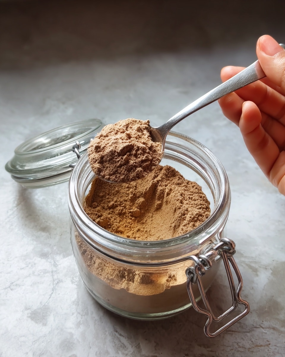 A metal spoon filled with light brown powder is held by a woman's hand over an open clear glass jar containing more of the same powder. The jar has a clasp lid resting open on the left side and sits on a white marbled surface. The powder looks fine and dry, filling almost half of the jar. The woman's hand is on the right side, holding the spoon steady above the jar. Photo taken with an iphone --ar 4:5 --v 7