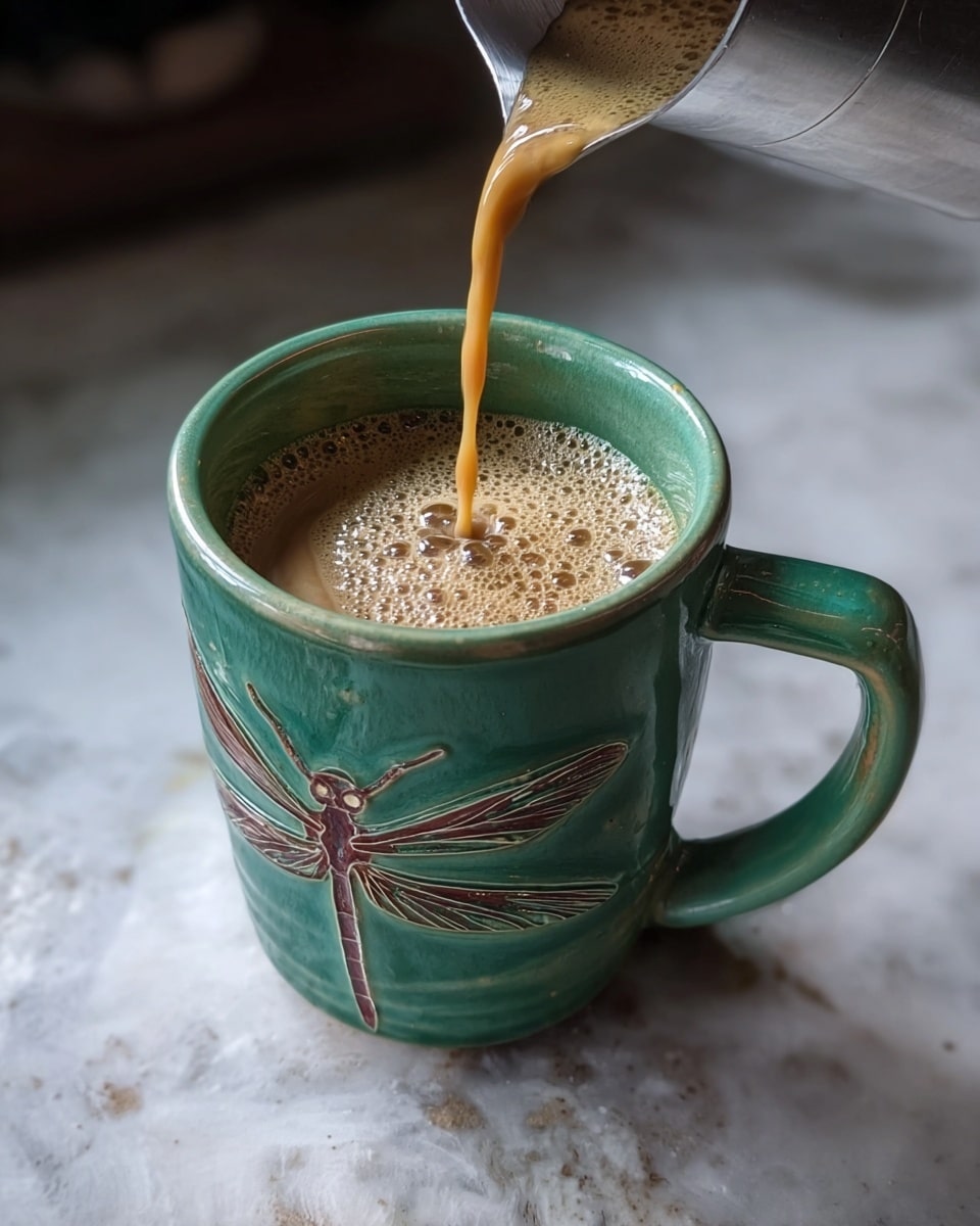 A green ceramic mug with a dragonfly design on the side sits on a white marbled surface. The mug is filled with light brown coffee that has small bubbles on the surface. Light tan coffee with foam is being poured from a shiny metallic container into the mug. photo taken with an iphone --ar 4:5 --v 7