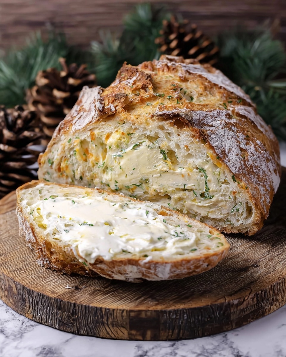 The image shows a loaf of herb and cheese bread placed on a round wooden board. The loaf has a crusty, golden-brown outer layer with a dusting of flour on top, and inside it has a soft texture with visible green herbs and melted cheese swirled through the bread. In front of the loaf is a thick slice spread with creamy butter which creates a shiny white layer on top of the bread’s soft interior. The wooden board contrasts with the white marbled surface underneath, and there are pine cones and pine branches blurred in the background, adding a rustic and cozy feel. photo taken with an iphone --ar 4:5 --v 7