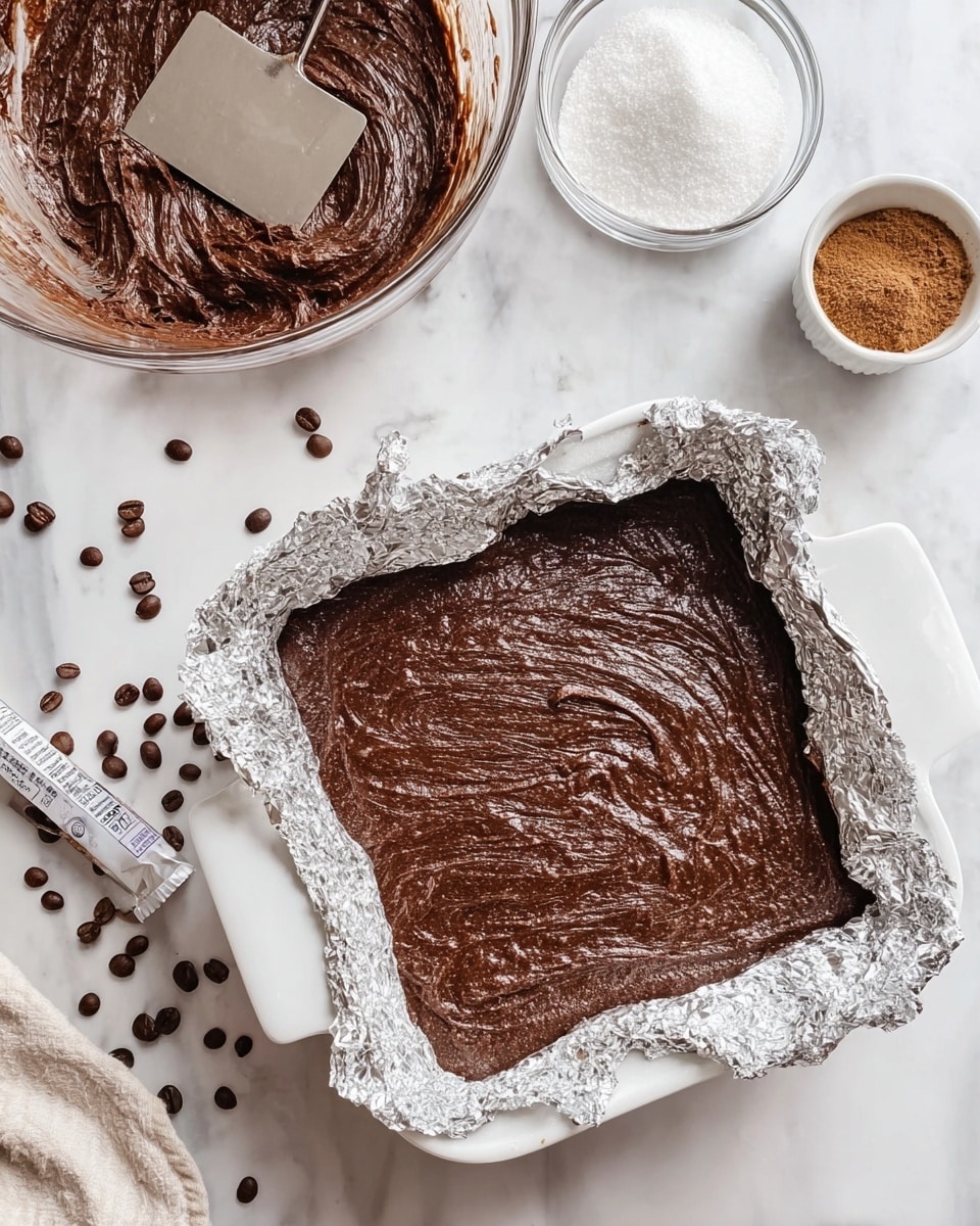 The image shows a white square baking dish lined with crinkled silver foil, filled with a thick, dark brown chocolate batter spread evenly with visible swirled texture on top. To the upper left of the baking dish is a large clear glass bowl with some chocolate batter smeared inside and on a spatula resting inside it. Scattered around the dish on a white marbled surface are coffee beans, a small transparent bowl with brown cinnamon powder, a small wrapped butter stick, and a white bowl filled with white powdered sugar. Photo taken with an iphone --ar 4:5 --v 7