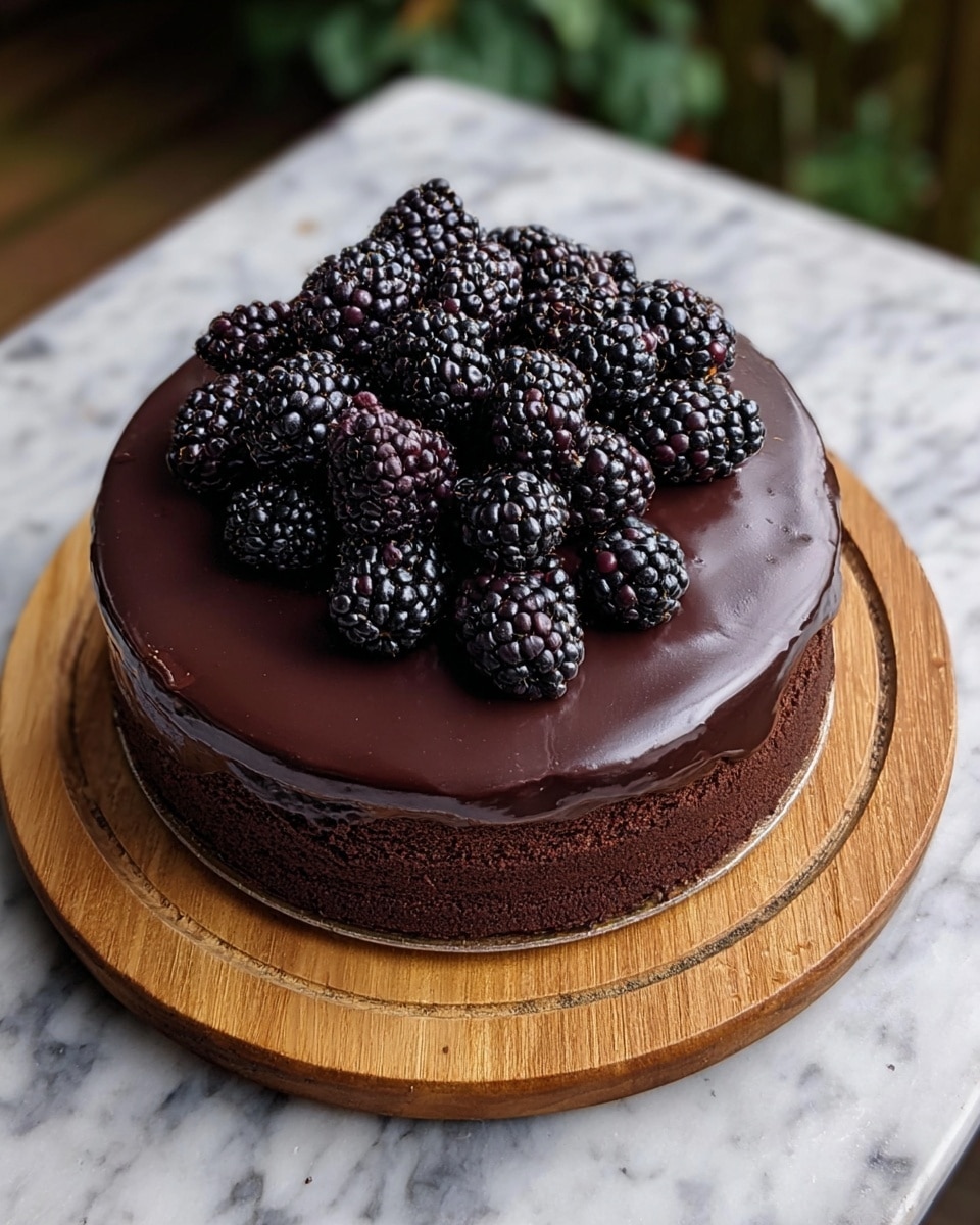 The image shows a two-layer dark chocolate cake on a clear glass plate, placed on a white marbled textured surface. Each layer of the cake is thick and dark brown, filled with a smooth, deep red filling between them. The entire cake is covered in a shiny dark red glaze that drips down the sides and pools slightly on the plate. On top, there is a cluster of fresh blackberries, adding a rich black and dark purple color contrast to the glossy surface of the cake. Photo taken with an iphone --ar 4:5 --v 7