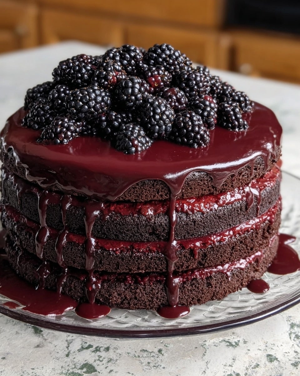 A round chocolate cake with two layers sits on a wooden board on a white marbled surface. The bottom layer is covered in dark chocolate crumbs, giving it a rough texture. The top layer is smooth, glossy chocolate frosting with a rich, dark color. A pile of fresh blackberries is placed in the center on top of the frosting, forming a small mound with their dark purple and black hues. In the background, there is a blurred potted plant with purple flowers. photo taken with an iphone --ar 4:5 --v 7