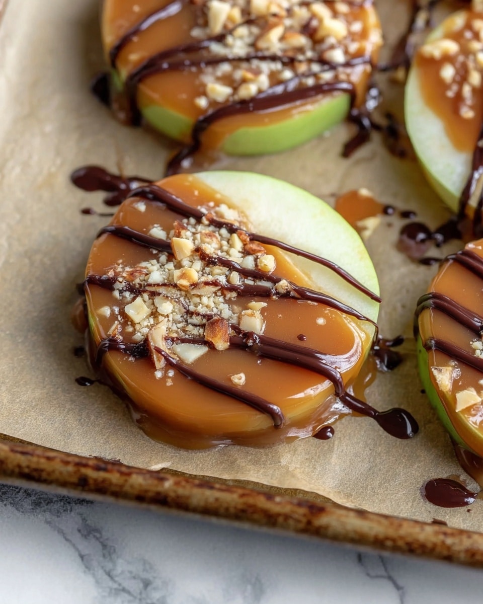 The image shows several round slices of green apple arranged on a white marbled surface covered with light brown parchment paper. Each apple slice is layered with a smooth, shiny caramel coating covering about half of the surface. Over the caramel, there is a dark, glossy chocolate drizzle in thin, uneven lines that create a contrast with the light caramel. Small pieces of crushed nuts are sprinkled over the caramel parts, giving a rough texture and an extra layer on top. The apple slices are close together, creating a neat, colorful pattern of green, brown, and dark brown shades. photo taken with an iphone --ar 4:5 --v 7