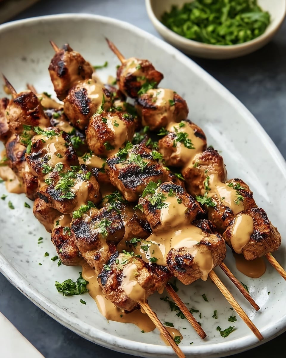 The image shows four wooden skewers laid out side by side on a large white oval plate with a slightly textured surface. Each skewer is filled with evenly spaced, golden-brown grilled meat pieces that have dark grill marks. Over the top of the meat, there is a creamy light brown sauce spread unevenly, giving a glossy look to the dish. Small green herb pieces are sprinkled over the sauce and around the plate for decoration. In the blurred background, there is a small bowl with fresh green herbs on a white marbled surface. Photo taken with an iphone --ar 4:5 --v 7