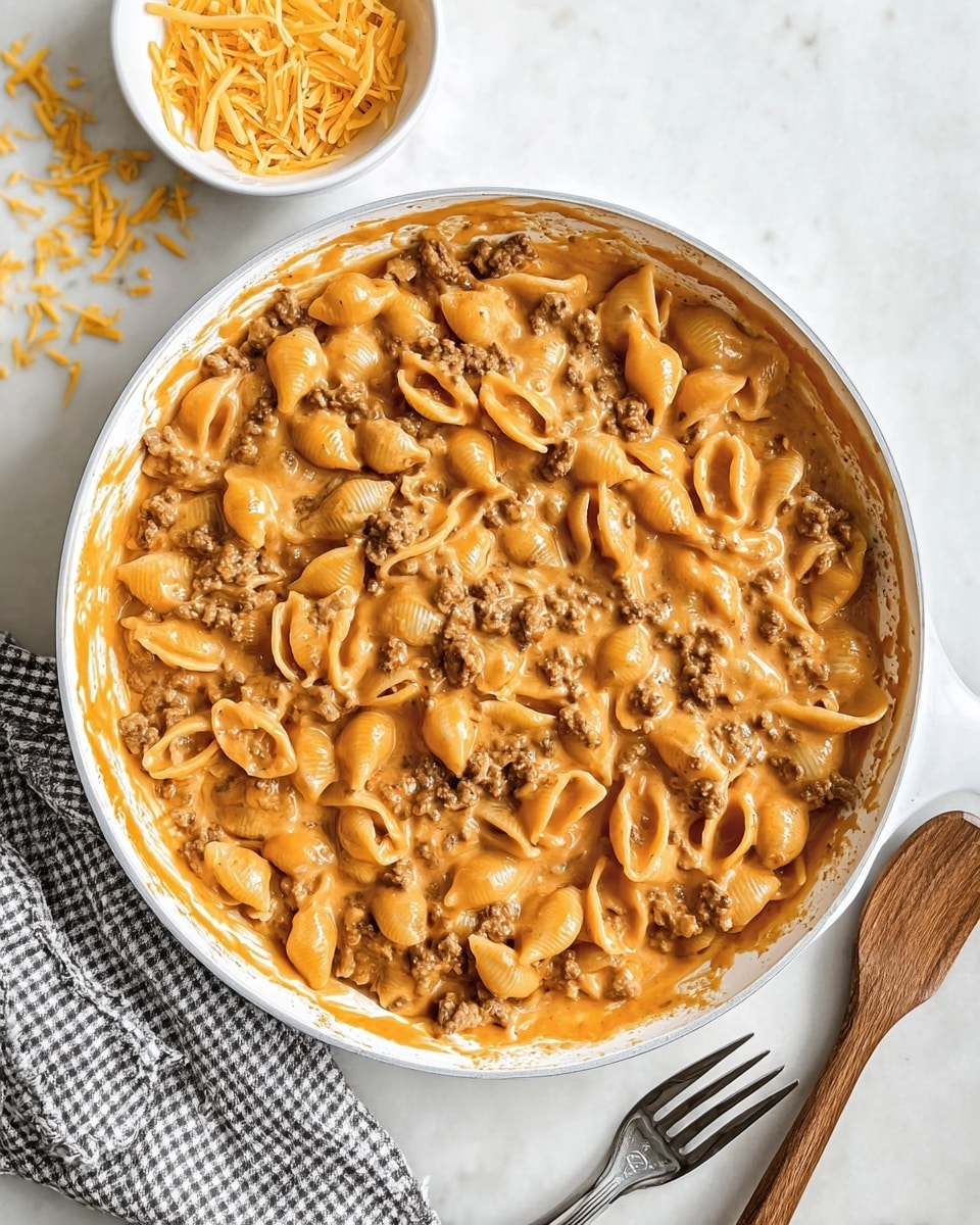 A white pan filled with a creamy orange sauce mixed with small shell pasta and browned ground meat evenly spread throughout. The sauce coats all the pasta shells and meat, creating a thick textured surface with bits of browned meat visible. Around the pan, a wooden spoon rests on the white marbled surface, with some sauce stains on the pan edge. Shredded yellow cheese pieces are scattered near a white bowl at the top left corner. Two forks lie side by side on the white marbled surface near the bottom right, and a gray and white checkered cloth is partially visible under the wooden handle of the pan. Photo taken with an iphone --ar 4:5 --v 7