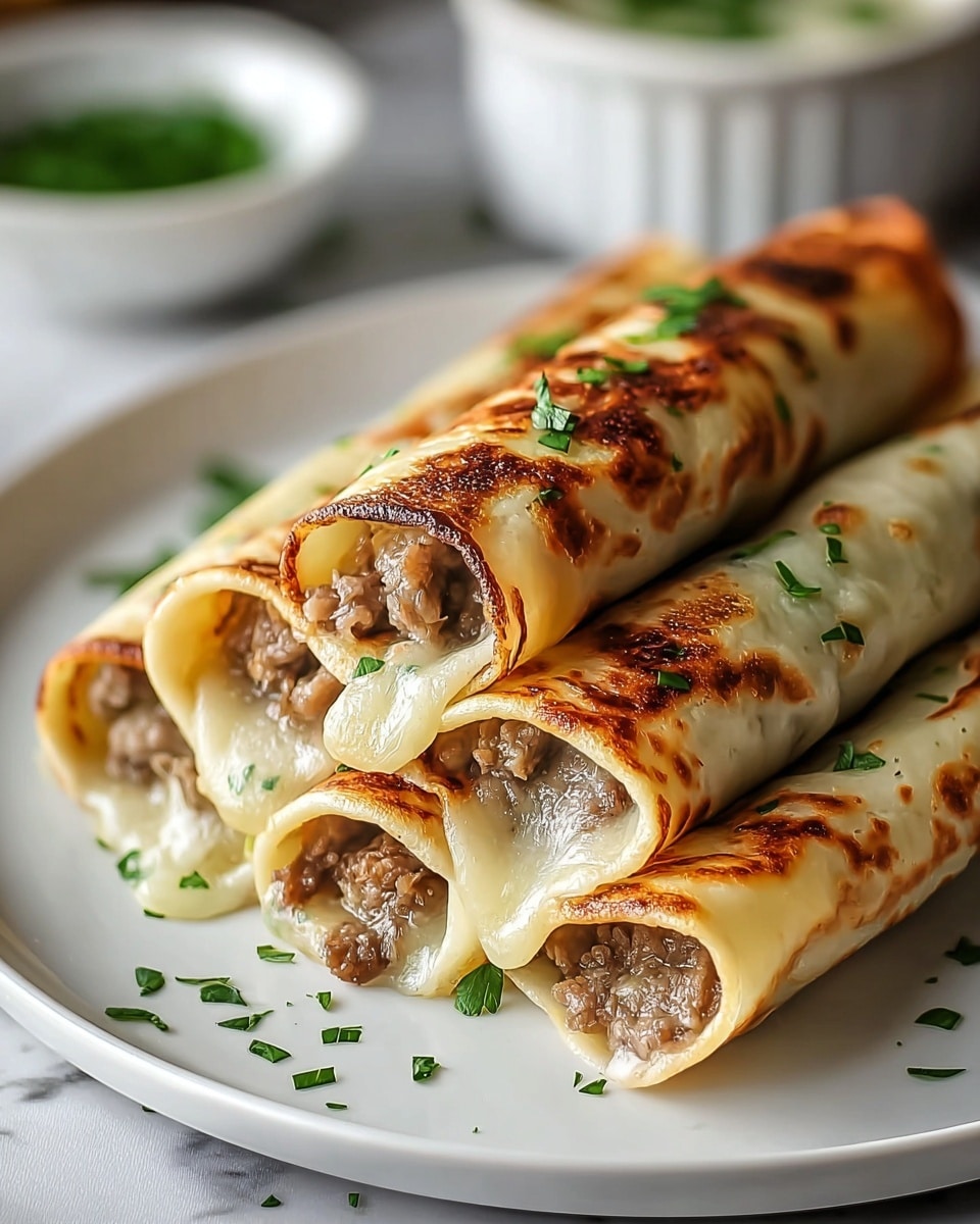 The dish shows four rolled crepes on a white plate placed on a white marbled surface. Each crepe is golden brown with toasted spots and filled with finely ground cooked meat mixed with small herbs. The crepes have melted cheese oozing slightly out of the ends and are sprinkled with small green herb leaves on top and around the plate. The crepes are stacked close to each other, showing the inside filling clearly on the front one. In the softly blurred background, a white bowl with a green herb garnish is visible. photo taken with an iphone --ar 4:5 --v 7