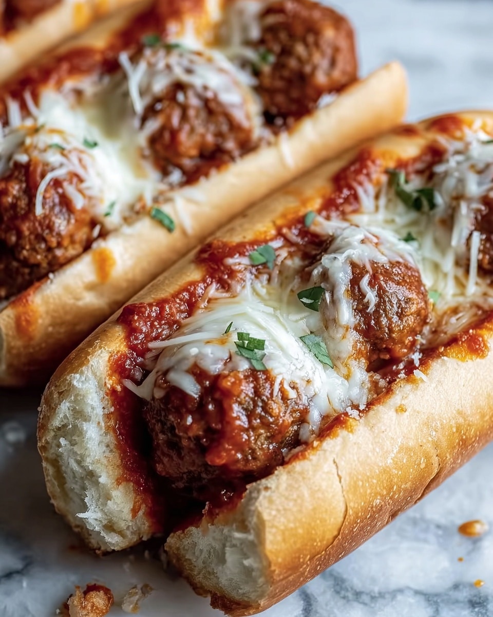 A close-up of two meatball subs on white bread rolls, each filled with three browned meatballs covered in thick red tomato sauce, topped with melted white cheese stretching slightly between the meatballs, and sprinkled with small green herb pieces. The sandwich bread is soft with a slight golden crust and a few white crumbs visible. The background surface is a white marbled texture. Photo taken with an iphone --ar 4:5 --v 7