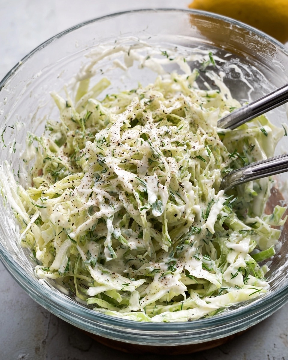 A clear glass bowl filled with shredded white cabbage mixed with thin green herbs and creamy white dressing, topped with a sprinkle of black pepper. Two metal forks are placed inside the bowl, ready to mix. In the background, part of a yellow lemon is visible. The bowl sits on a white marbled textured surface. photo taken with an iphone --ar 4:5 --v 7