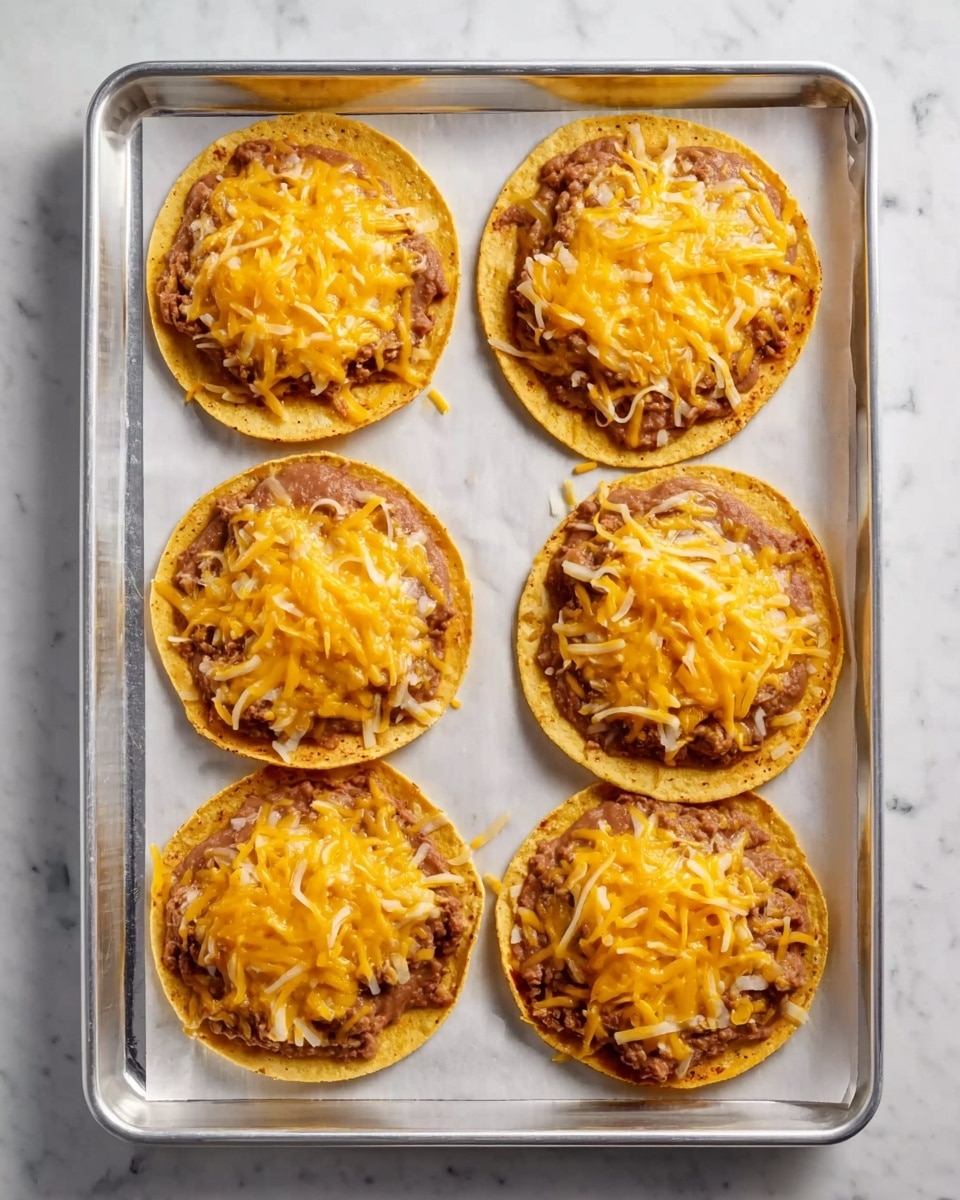 Six round tostadas are arranged in two rows of three on a silver baking sheet lined with white parchment paper. Each tostada has a yellow crispy base layer with a spread of smooth brown refried beans evenly applied on top. The center of each tostada is piled with bright orange melted shredded cheddar cheese that has a slightly glossy texture. The baking sheet sits on a white marbled surface. photo taken with an iphone --ar 4:5 --v 7