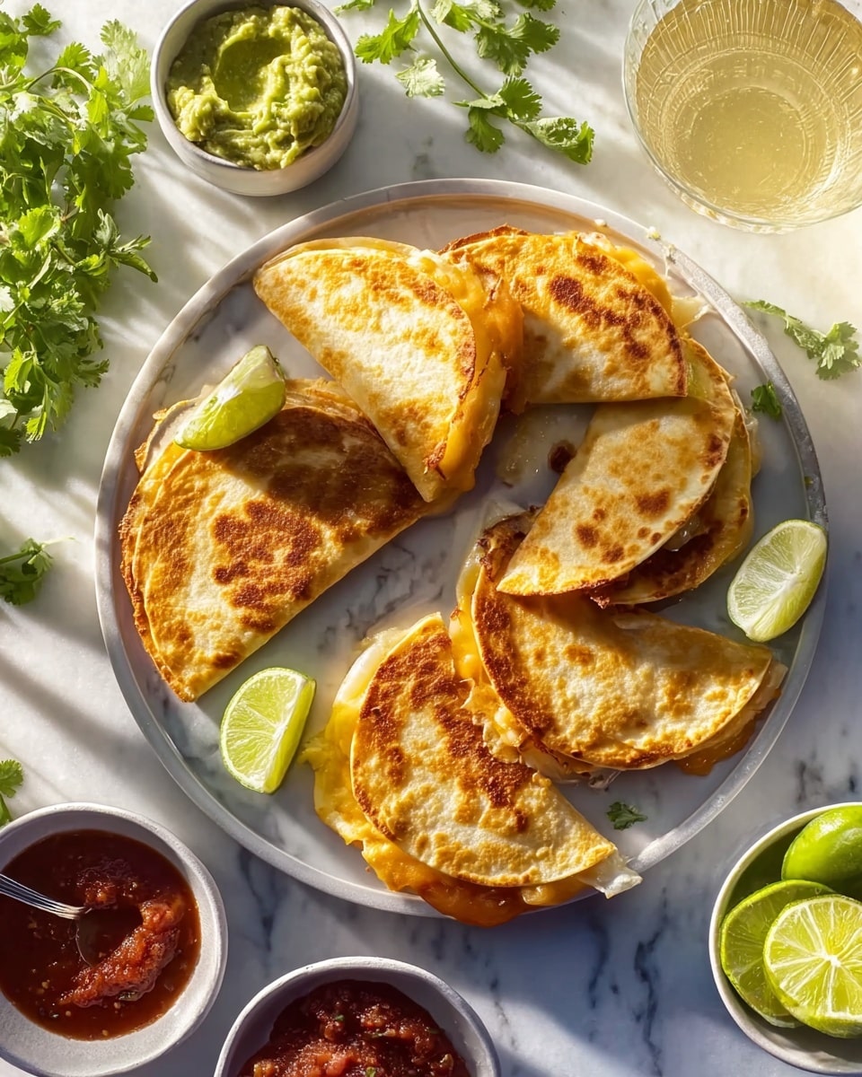 This image shows a white plate filled with several golden brown crispy, folded tortillas, each with a slightly rough texture and bits of melted orange cheese peeking out from the edges. On top of the tortillas, there is a thick line of white cream sauce scattered with small green cilantro leaves. Around the plate, there are a few wedges of light green lime and some more cilantro leaves sprinkled on the white marbled surface. The photo taken with an iphone --ar 4:5 --v 7