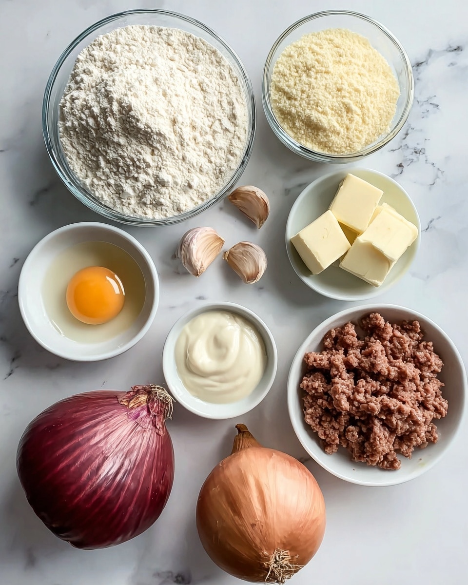 A collection of cooking ingredients is arranged on a white marbled surface. There are three glass bowls at the top: the first with fluffy white flour, the second with a pale yellow flour or powder, and the third smaller bowl holding two pieces of butter. To the left, a small white bowl holds one egg yolk in its white, and below it is a medium brown onion along with three cloves of garlic scattered nearby. In the center-right, a white bowl contains finely minced brown cooked meat. Below this, a small white bowl contains a creamy white sauce or mayonnaise. At the bottom left, a white bowl holds a large whole red onion, and to the right, a medium brown onion sits directly on the marble surface. Photo taken with an iphone --ar 4:5 --v 7