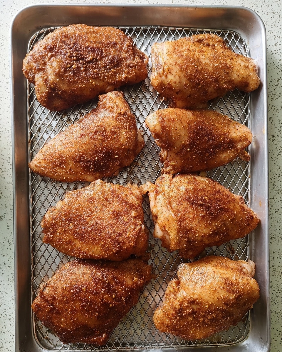 The image shows seven pieces of seasoned, uncooked chicken placed on a metal mesh tray. Each piece is coated with a reddish-brown spice mix that gives the chicken a slightly rough texture. The pieces vary slightly in size and shape, arranged in two rows with four in the top row and three in the bottom row. The metal tray has a diamond-patterned mesh surface and the background beneath is partially visible, showing a light speckled texture. The chicken looks ready for cooking, with the spices clearly visible on the skin. photo taken with an iphone --ar 4:5 --v 7