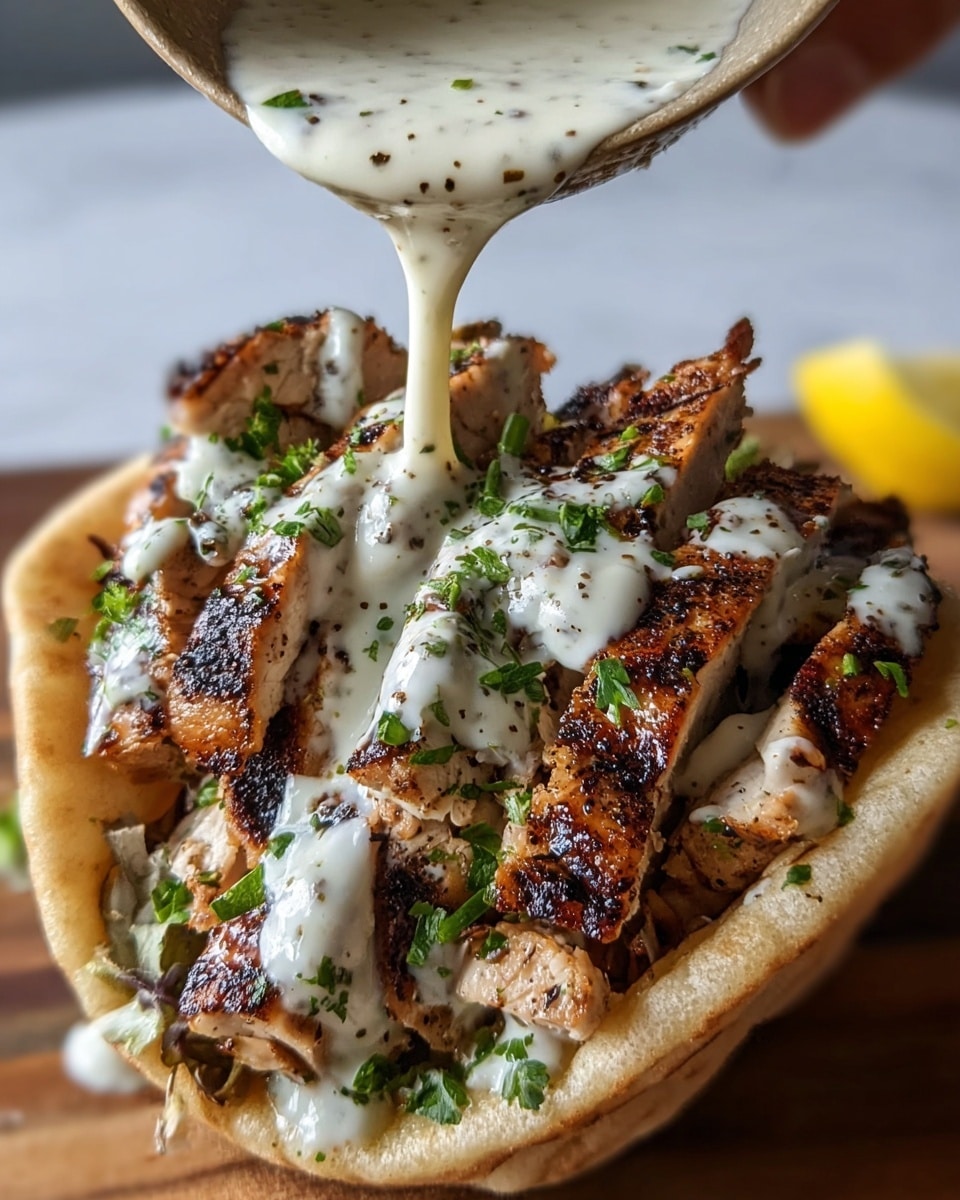 A close-up view of a filled pita pocket standing upright, stuffed with several layers: the bottom layer shows a light tan, soft pita bread holding thick slices of grilled chicken with dark brown char marks, giving a slightly crispy, textured look. Above the chicken, finely chopped green herbs are sprinkled, adding a fresh, bright touch across the meat. A creamy white sauce with small black specks is being poured over the top from above by a woman's hand, flowing down and covering the grilled chicken evenly. In the back, a small lemon wedge with a bright yellow color is slightly visible, resting on a wooden surface beneath the pita, all against a white marbled background. Photo taken with an iphone --ar 4:5 --v 7