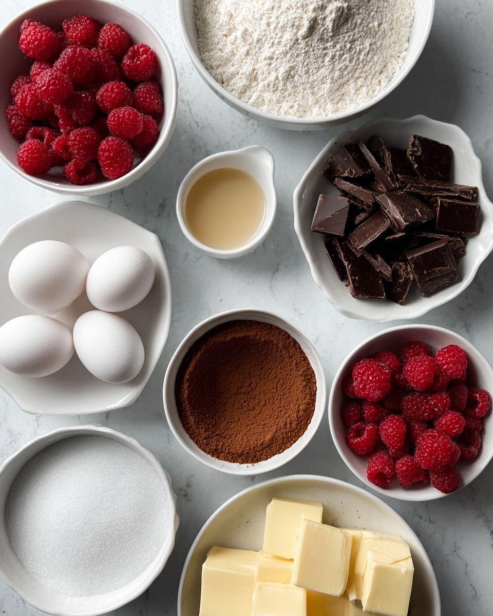 The image shows a white marbled surface with multiple white dishes and bowls holding various baking ingredients arranged neatly; starting from the top left, there is a white bowl filled with bright red raspberries, next to it a white bowl of white flour, to the right a white bowl with dark chocolate chunks. Below the raspberries, a small white bowl contains smooth brown cocoa powder. Below the cocoa powder is a small white bowl with a light beige liquid vanilla extract, and next to it a small white bowl with white salt. To the left of these small bowls, a larger white bowl holds fine white sugar, and below that, there are three white eggs arranged in a diagonal line. To the right of the eggs, a white bowl contains golden yellow butter cut into cubes. Above the butter, a white dish holds dark brown packed brown sugar, and to the far right, another white bowl contains more red raspberries. The overall color contrast between the white dishes, the red raspberries, dark chocolate, and different brown shades creates a clean and fresh food preparation look. Photo taken with an iphone --ar 4:5 --v 7