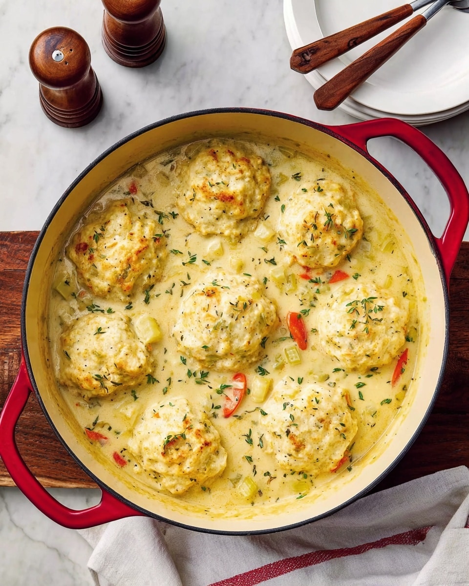 A round red pot filled with a creamy stew showing eight large, light golden biscuit-like dumplings floating on top. The stew is pale yellow with visible small carrot sticks, celery pieces, and herbs like thyme scattered throughout the thick liquid. The surface beneath the pot is a white marbled texture with a wooden board under the pot. In the upper part of the image, there are two brown wooden salt and pepper shakers and a white plate with wooden-handled cutlery on the white marbled surface. A white cloth with a red stripe is partially under the pot photo taken with an iphone --ar 4:5 --v 7