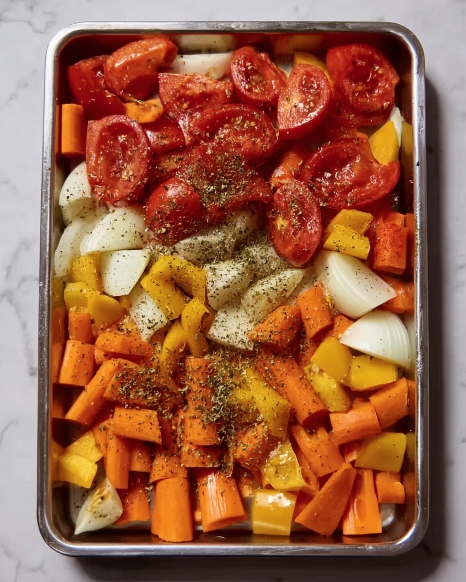 A metal baking tray is filled with a mix of chopped vegetables spread out in layers. The bottom layer includes large pieces of white onion and chunks of yellow and red bell peppers. On top of that, there are thick slices of orange carrots. The top layer has bright red tomato wedges scattered evenly, sprinkled with dried herbs and black pepper. The tray sits on a white marbled surface. photo taken with an iphone --ar 4:5 --v 7
