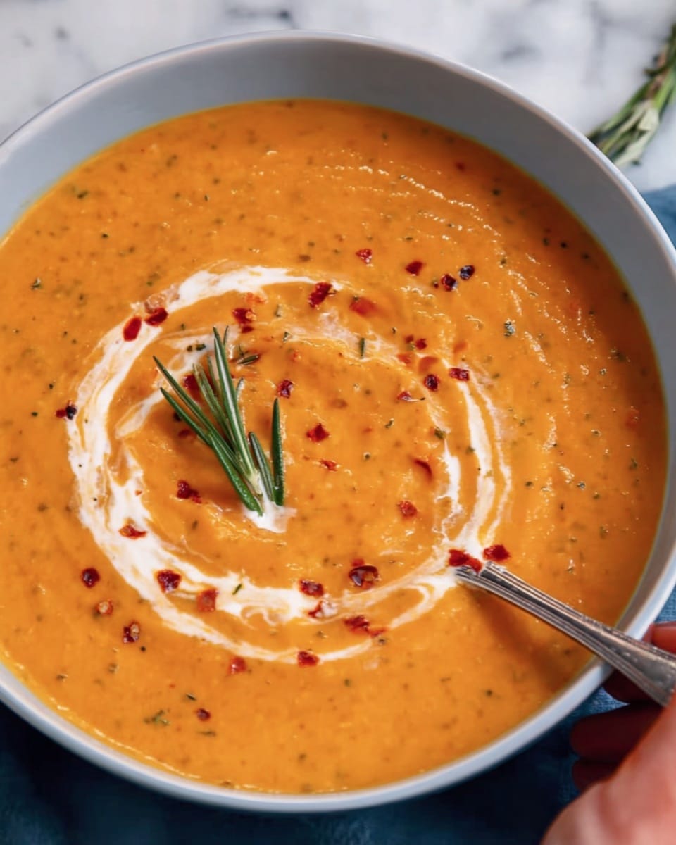 A close-up of a bowl filled with thick, smooth orange soup with visible small bits and specks of seasoning throughout. There is a swirl of white cream or yogurt on the surface, creating a spiral pattern that circles inwards. On the left side of the bowl, a small sprig of fresh green rosemary rests on top of the soup. Scattered red chili flakes are sprinkled over the soup, adding pops of dark red color. The bowl is white and sits on a white marbled textured surface. photo taken with an iphone --ar 4:5 --v 7