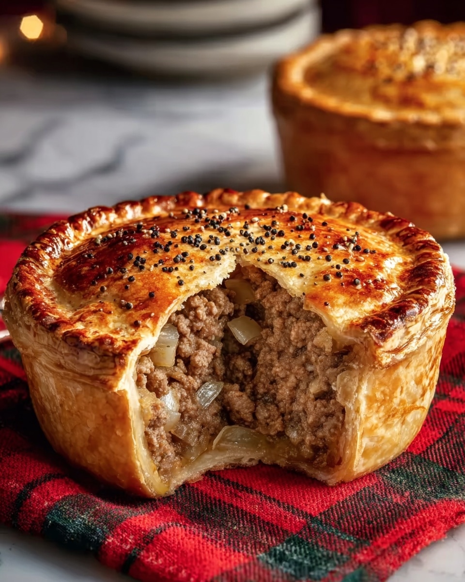 A round meat pie with a golden brown outer crust sits on a red and green plaid cloth over a white marbled surface. The pie has a thick crust base and a top crust sprinkled with coarse black and white pepper. The pie is cut open showing its dense filling of cooked ground meat mixed with small pieces of light-colored onion. The crust edges are golden and flaky with darker baked spots around the rim. Another similar pie is blurred in the background. Photo taken with an iphone --ar 4:5 --v 7