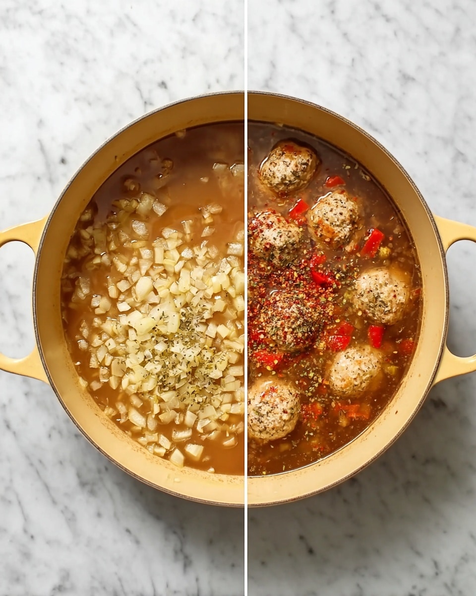 The image shows two side-by-side views of a round yellow pot on a white marbled surface. On the left side, the pot has a single layer of small light golden pieces of diced onions being cooked, spreading across the bottom. On the right side, the pot contains a brown broth filling most of the pot, with meatballs floating in it. There are visible chunks of red, likely bell peppers, scattered throughout. Several spices, including crushed red pepper flakes and dried herbs, are sprinkled on top of the meatballs and broth, adding texture and color contrast. Photo taken with an iphone --ar 4:5 --v 7