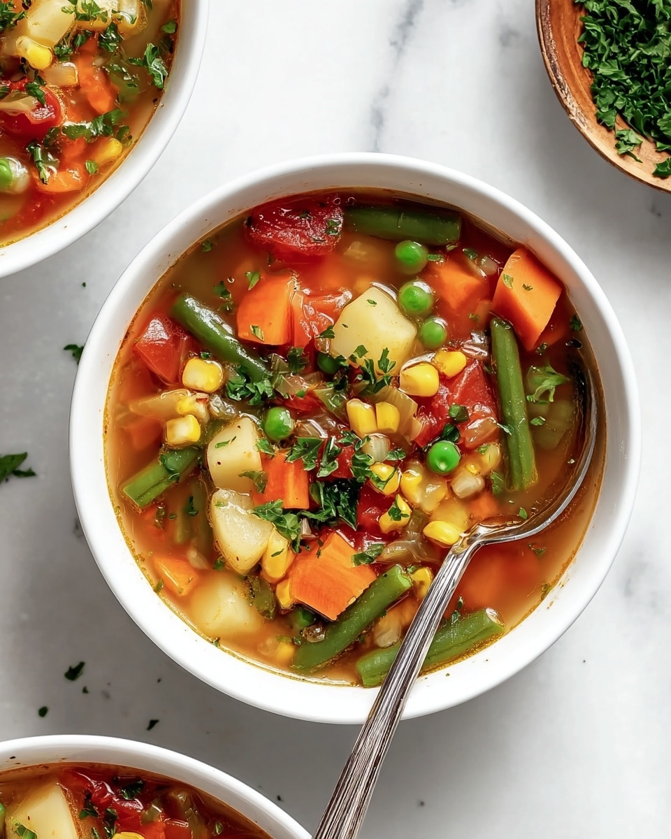 The image shows a white bowl filled with vegetable soup on a white marbled surface. The soup has several layers of colorful vegetables including bright orange carrot chunks, green beans, green peas, yellow corn, diced white potato, and red tomato pieces, all floating in a clear, slightly brown broth. Fresh green parsley bits are sprinkled on top, adding a touch of fresh green color. A silver spoon rests inside the bowl on the right side. Another white bowl with a similar soup is partially visible at the bottom and right edge of the frame. Photo taken with an iphone --ar 4:5 --v 7