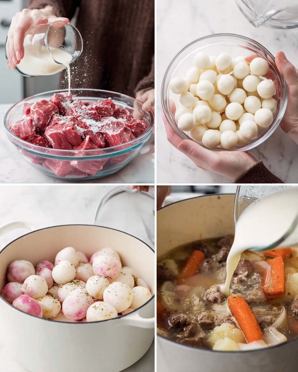 A clear glass bowl filled with raw red meat chunks sprinkled with white powder on top, held by a woman's hand pouring liquid over it in the top left section. In the top right section, a woman's hand holding a clear glass bowl full of small, round, smooth white balls. The bottom left section shows a white pot filled with pink and white round vegetables or meatballs covered with some seasoning sprinkled on top. The bottom right section shows a close-up of a woman's hand pouring creamy white liquid from a glass measuring cup into a white pot with cooked pieces of meat, orange carrots, and other vegetables in broth. The background is a white marbled surface photo taken with an iphone --ar 4:5 --v 7