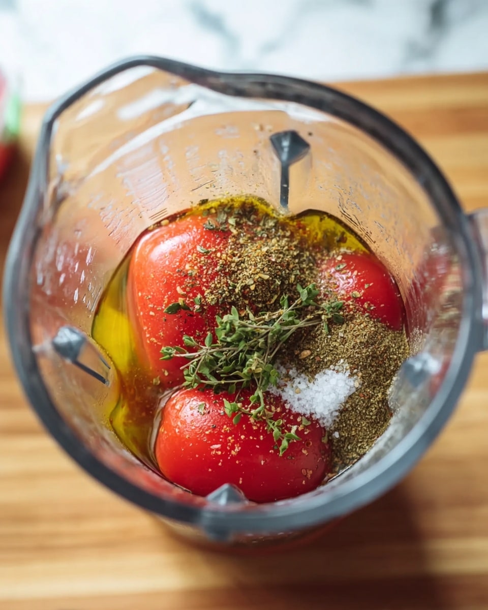 The image shows a blender jar filled with three peeled red tomatoes at the bottom layer, surrounded by a layer of golden olive oil covering half the tomatoes, sprinkled with white coarse salt on top. There is a pile of greenish-brown ground spices in the center among the tomatoes, with small pieces of fresh green herbs scattered on top and around. The blender jar is clear and sits on a wooden surface with slightly blurred surroundings including a white marbled texture. Photo taken with an iphone --ar 4:5 --v 7