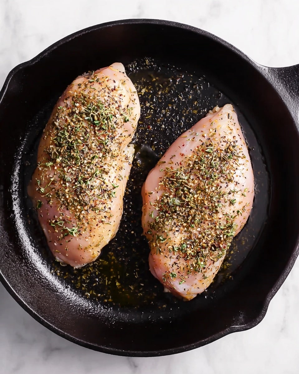 The image shows two raw chicken pieces placed side by side in a black cast iron pan. Each piece is sprinkled evenly with a mix of dried herbs and spices, creating a textured look with green, brown, and black specks. The chicken has a pale pinkish color, and there is some oil glistening subtly around the chicken on the smooth, dark pan surface. The pan sits on a white marbled surface. photo taken with an iphone --ar 4:5 --v 7
