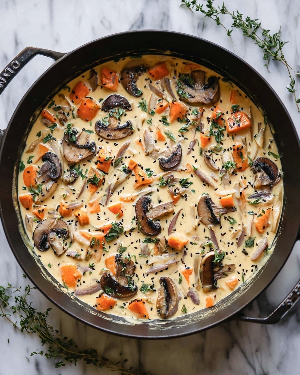 A black skillet filled with a creamy light beige sauce containing several visual layers: sliced dark brown mushrooms with soft texture, small bright orange carrot cubes, light pale thin strips of a root vegetable spreading evenly throughout, sprinkled fresh green herbs on top for contrast, all floating in the creamy sauce with tiny black seeds mixed in. The skillet sits on a white marbled surface with scattered fresh green herb sprigs around it. photo taken with an iphone --ar 4:5 --v 7