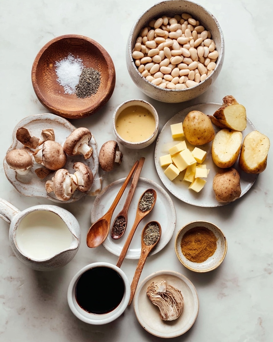 The image shows various cooking ingredients placed on a white marbled surface. Starting from the top left, there is a small wooden plate with coarse salt and ground black pepper. Below it, a white bowl filled with light beige beans. To the right of the beans, a smaller white bowl contains dried mushrooms, while above that, several fresh mushrooms and potato halves are spread out. In the center right, a white plate holds three wooden spoons with dried herbs and spices, several garlic cloves, and a small white bowl with several yellow butter cubes. Below are a couple more fresh mushrooms. Towards the bottom center, there are two small white bowls, one filled with a dark soy sauce and the other with a light beige mustard. To the left, a white jug holds a small amount of milk. The arrangement is neat and well spaced, all on the white marbled background. photo taken with an iphone --ar 4:5 --v 7