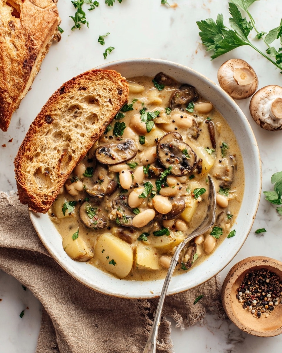 A white bowl filled with a creamy, thick stew made of sliced brown mushrooms, light yellow potato chunks, and white beans, all mixed together and sprinkled with chopped green parsley and black pepper bits. A piece of toasted brown bread rests on the left inside edge of the bowl. A silver fork is placed on the right side, partially in the stew. The bowl sits on a soft brown cloth on top of a white marbled surface with extra mushrooms, parsley leaves, and a small brown dish with black pepper around it, photo taken with an iphone --ar 4:5 --v 7