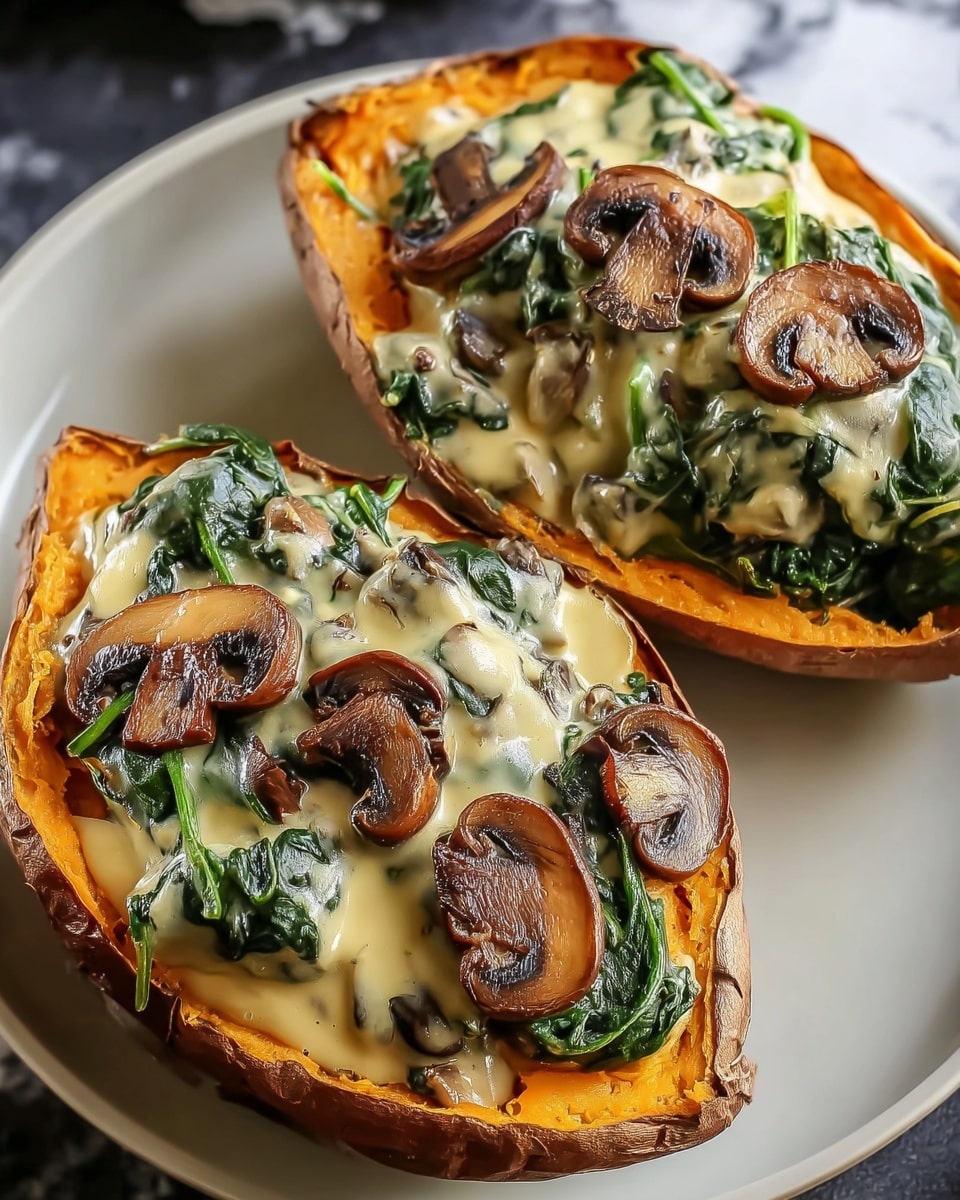 The image shows two halves of a baked orange sweet potato on a white plate, each half filled with a creamy, light yellow sauce mixed with cooked dark green spinach and topped with several sliced brown mushrooms that have a slight sear. The sweet potato skin is wrinkled and darkened from baking, and the inside looks soft and smooth. The creamy sauce covers the spinach and mushrooms, creating a rich, layered look. The background has a white marbled texture. Photo taken with an iphone --ar 4:5 --v 7