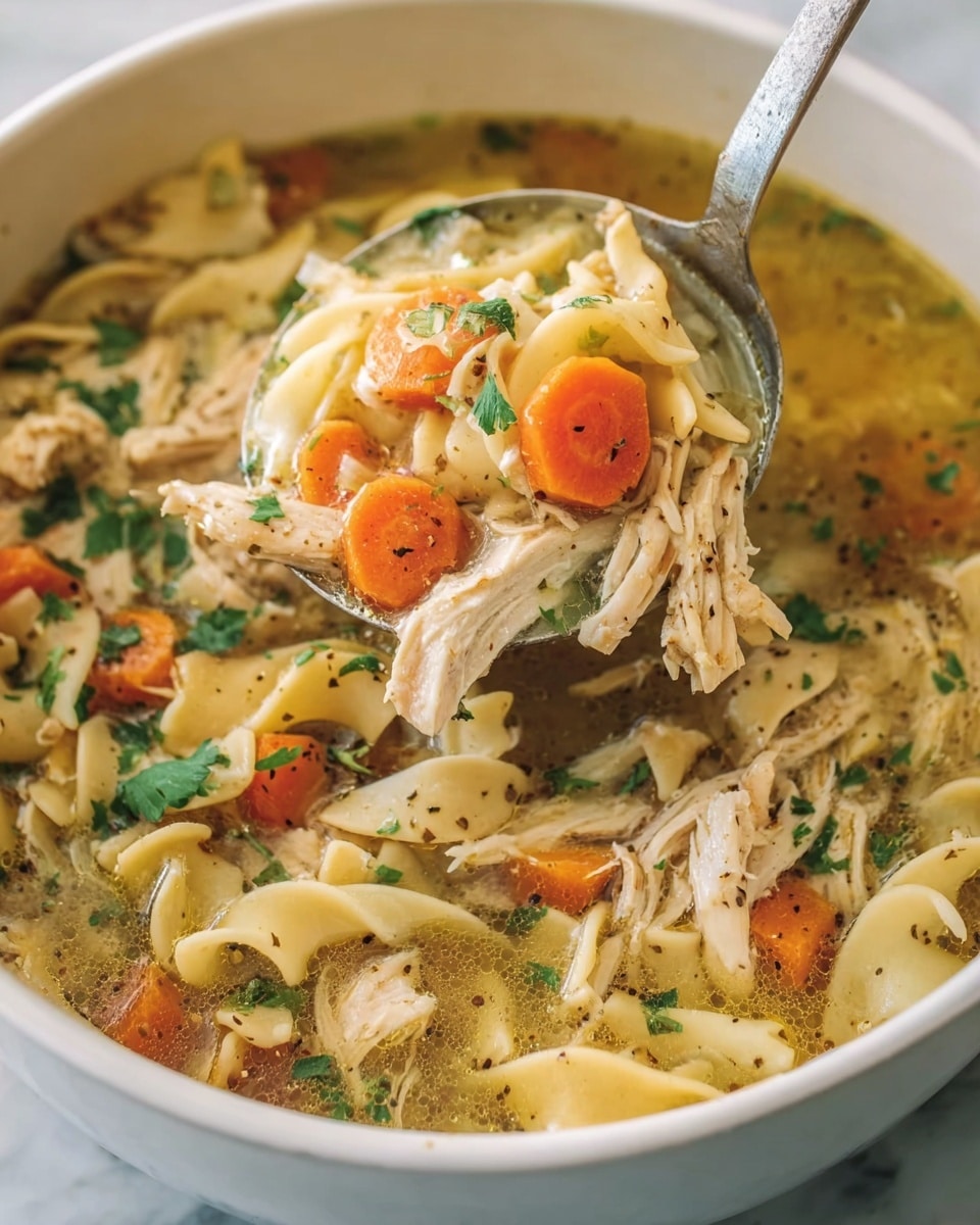 The image shows a close-up of a ladle lifting a portion of chicken noodle soup from a white bowl filled with the soup. The soup has several layers: the top layer has chunks of soft cooked orange carrots, shredded pale beige chicken pieces, wide pale yellow egg noodles, and green parsley leaves scattered throughout. The broth underneath is light golden, clear but slightly cloudy, with small black pepper specks and herbs floating in it. The white bowl sits on a white marbled surface. A woman's hand holds the ladle above the bowl, lifting the colorful mix of soup ingredients. photo taken with an iphone --ar 4:5 --v 7
