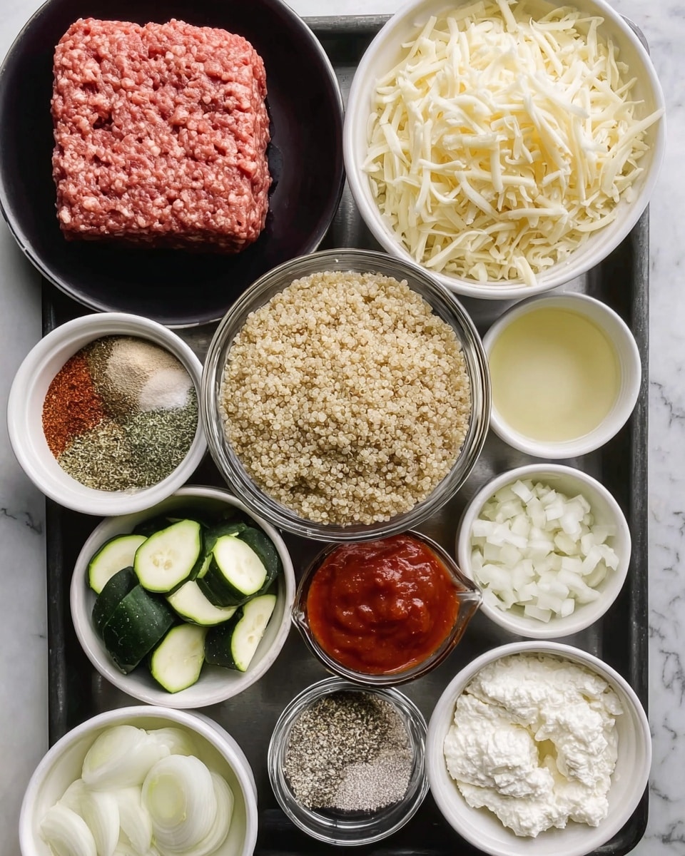 A black tray holds several bowls with different ingredients arranged neatly on a white marbled surface. At the top left is a black bowl with a block of raw ground meat showing a pinkish-red color and fine texture. Next to it is a white bowl filled with shredded pale yellow cheese, and above that a small white bowl with a clear light yellow liquid. Below these, a clear glass bowl contains a large amount of cooked light brown quinoa. To the left, a small white bowl holds mixed green, red, and beige spices, and beside it, a small measuring cup filled with thick red tomato sauce. Below that is a white bowl with pale green round sliced zucchinis. Centered below the quinoa is a white bowl with diced white onions. To the right, a white bowl filled with white ricotta cheese and a smaller white bowl with fine white powder, possibly grated cheese. The lowest right bowl is white filled with gray and black ground pepper. Photo taken with an iphone --ar 4:5 --v 7