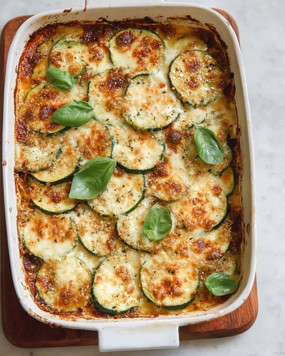 A white baking dish filled with a baked layered dish featuring multiple layers of thin, round slices of green zucchini evenly spread throughout. The top layer is covered with a golden-brown melted cheese that has a slightly bubbly texture, with areas showing light browning and some sprinkled seasoning. Fresh green basil leaves are placed on top, adding a fresh, vibrant contrast. The dish rests on a white marbled surface with a wooden board underneath the baking dish's handle. Photo taken with an iphone --ar 4:5 --v 7