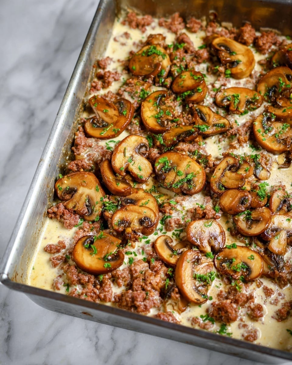 This image shows a metal baking pan filled with two main layers: the bottom layer is crumbly cooked ground meat in light brown and reddish tones, soaking in a creamy light beige sauce. On top, there are thick, golden-brown sliced mushrooms that look sautéed, with small green herb pieces sprinkled over them for a fresh touch. The pan is placed on a white marbled surface. Photo taken with an iphone --ar 4:5 --v 7