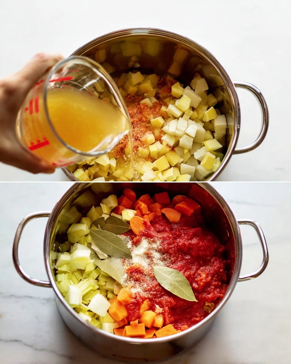 A silver pot is filled with several colorful layers arranged neatly: diced white potatoes and yellow squash sit on one side, soft orange carrot slices layered below, bright red tomato sauce with white powdered seasoning on top, light green celery slices near the edge, and two bay leaves placed in the middle, all on a white marbled background. In the next image, a woman's hand is pouring a clear golden broth from a glass measuring cup into the pot, slightly mixing the ingredients inside while the layers remain visible, on the same white marbled surface. photo taken with an iphone --ar 4:5 --v 7
