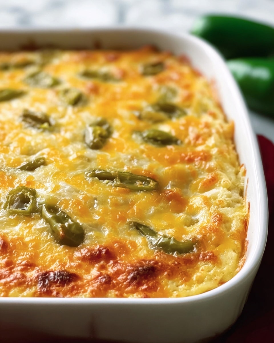 A close-up of a cooked casserole in a white baking dish with a slightly browned, bubbly top layer of melted cheese and small green pepper slices spread unevenly across the surface; the cheese has a golden yellow and light brown color with a creamy texture underneath, and the peppers add a textured, soft green element that peeks through the cheese layer. The casserole fills the dish nearly to the edges, sitting on a white marbled surface with a green pepper barely visible on the side. Photo taken with an iphone --ar 4:5 --v 7