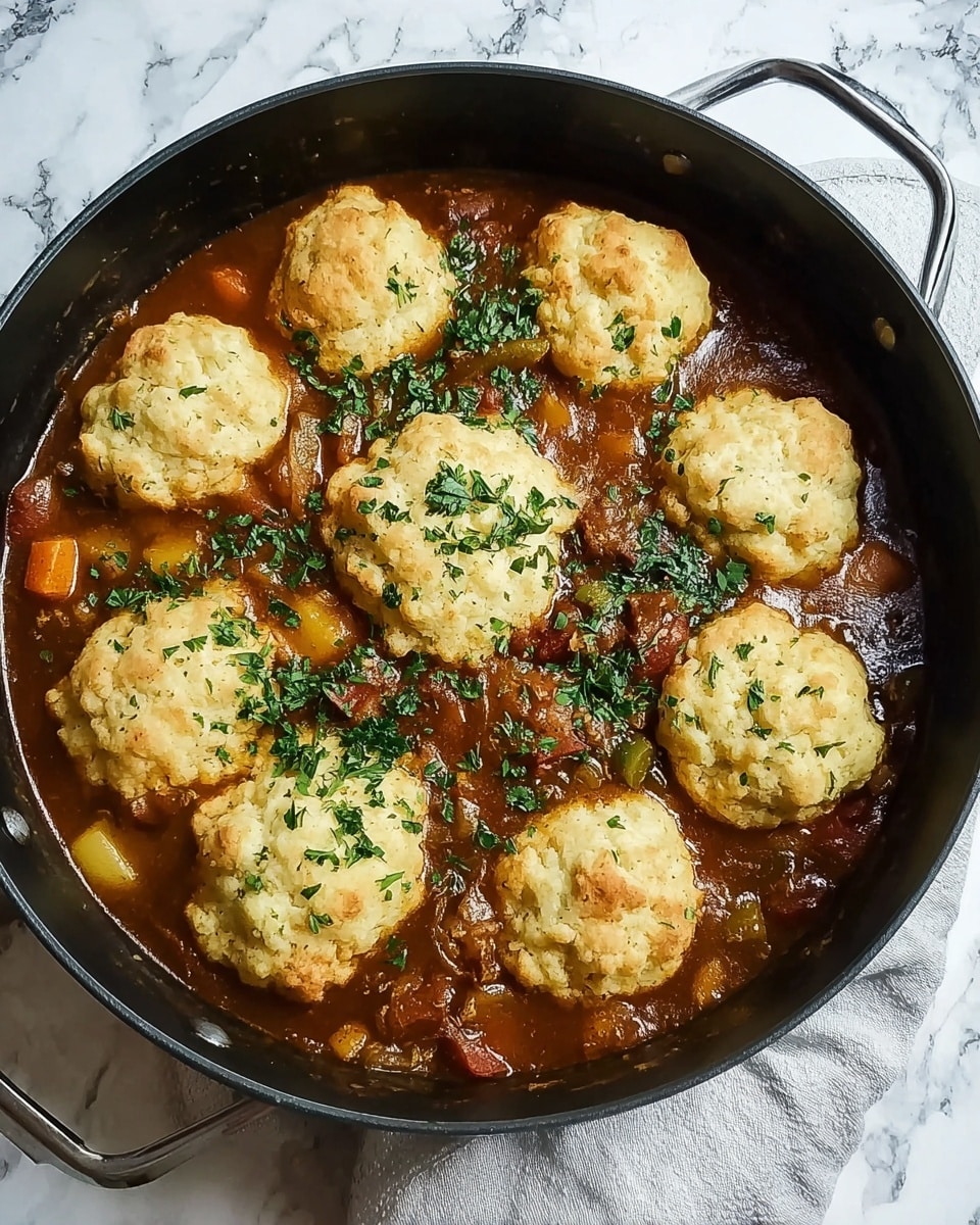 A black pan filled with a brown stew that has visible chunks of vegetables and meat; on top are eight golden brown dumplings lightly browned and sprinkled with fresh green herbs; the pan sits on a white marbled surface with a light gray cloth beneath one handle. photo taken with an iphone --ar 4:5 --v 7