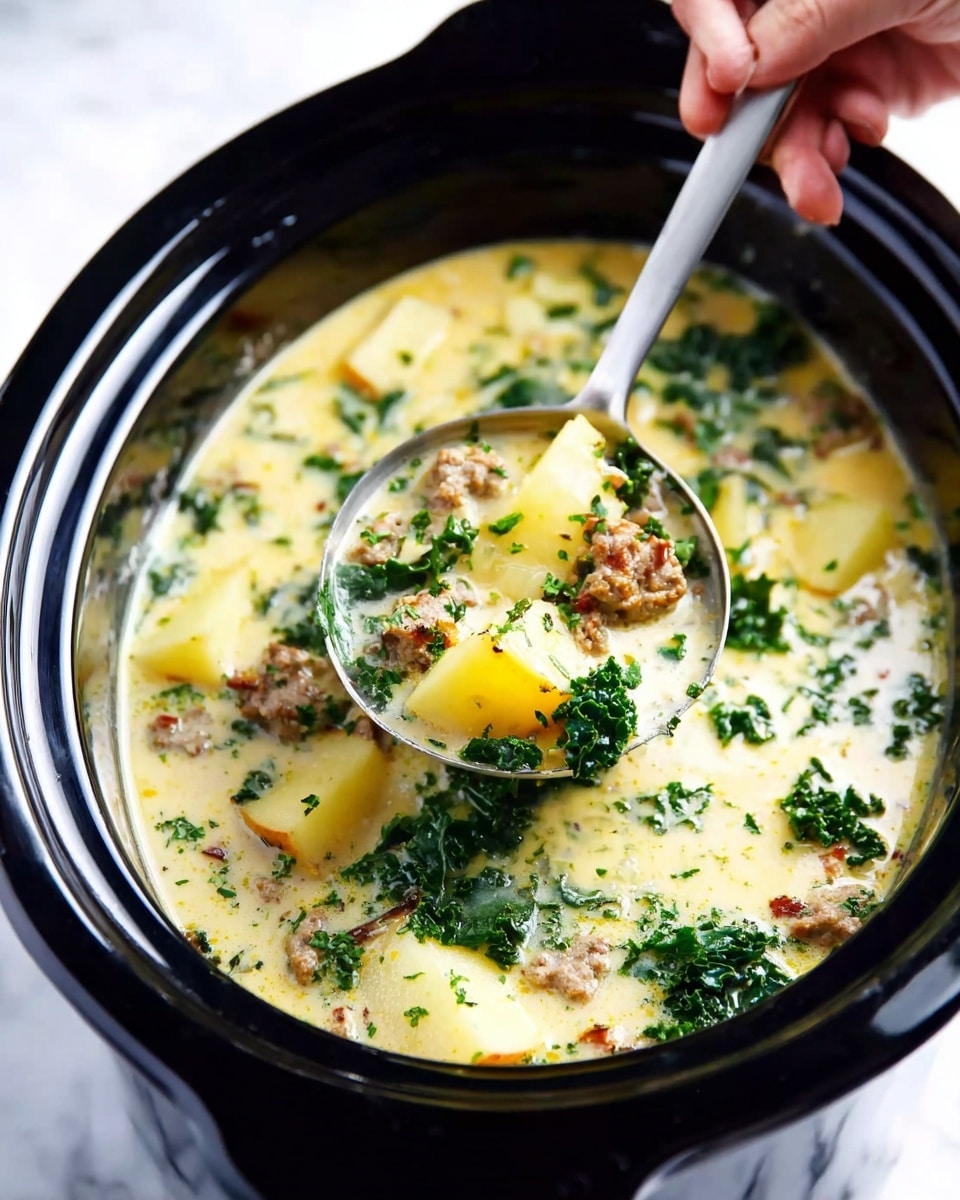 A close-up image shows a creamy soup in a large black slow cooker. In the woman’s hand, a large silver ladle scoops up the soup revealing chunks of light yellow potatoes, green leafy kale, and browned sausage pieces in the thick, pale yellow broth. The soup surface around the ladle has more of the same ingredients floating in the creamy liquid. The background is a white marbled texture. Photo taken with an iphone --ar 4:5 --v 7